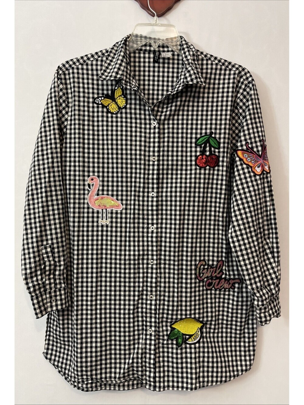 Divided HM Womens Size 14 Black Striped Button-Up Collared Tunic Blouse! A5912